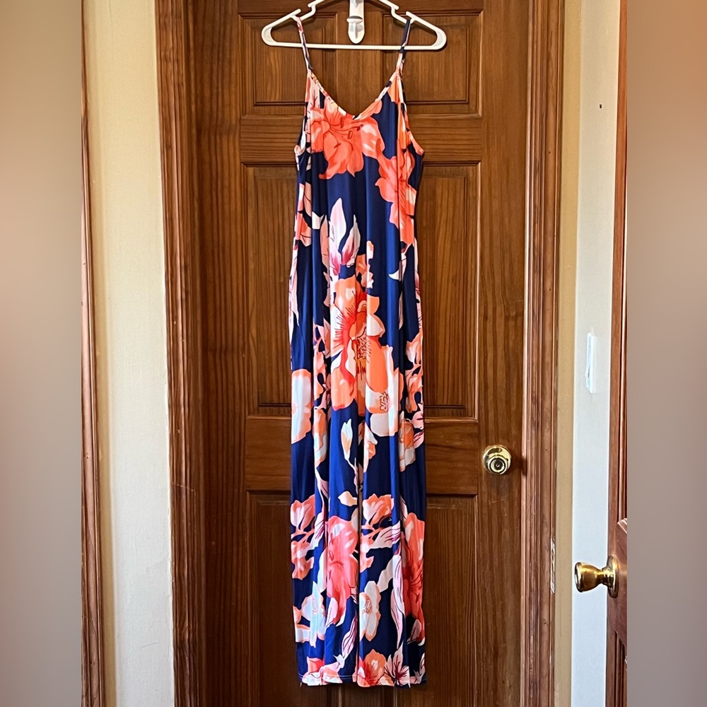 Navy blue maxi dress with pink and orange florals